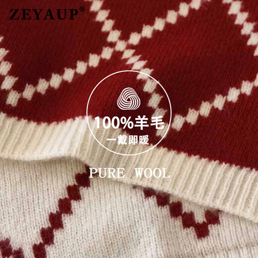 ZEYAUP 100% wool scarf for women in autumn and winter thickened warm scarf as a Christmas and New Year birthday gift for girls and wives, red and white rhombus, brand high-end light luxury gift box, practical for girlfriends and lovers, one size fits all