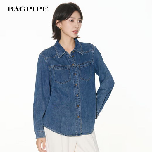 Bagpipe Bagpipe 2025 Autumn New Dark Blue Retro Denim Shirt Women's Layered Small Shoulder Soft Top Denim Lan XS 150