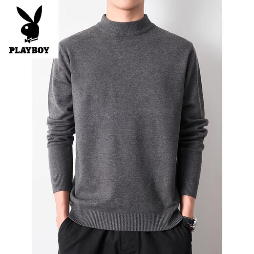 Playboy (PLAYBOY) men's pullover half turtleneck sweater men's autumn and winter velvet black inner mid-collar knitted bottoming shirt round neck white 3XL recommended 165-185Jin Jin equals 0.5 kg