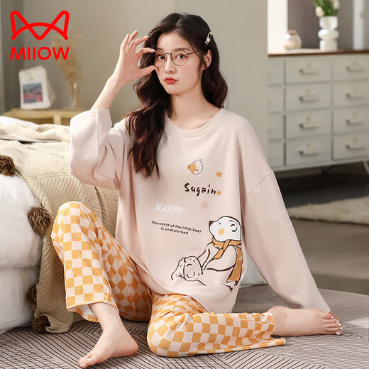 LOYACKIND Home Clothing Pure Cotton Pullover Girls Pajamas Can be worn for long-sleeved spring and autumn cute leisure dormitory student cotton MR-9921-JW XL Recommended 120-135Jin [Jin equals 0.5 kg]