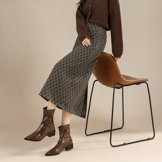 TERRE BLEUE winter hip-hugging skirt high-waisted slim mid-length skirt 25 autumn and winter versatile temperament retro tartan skirt for women