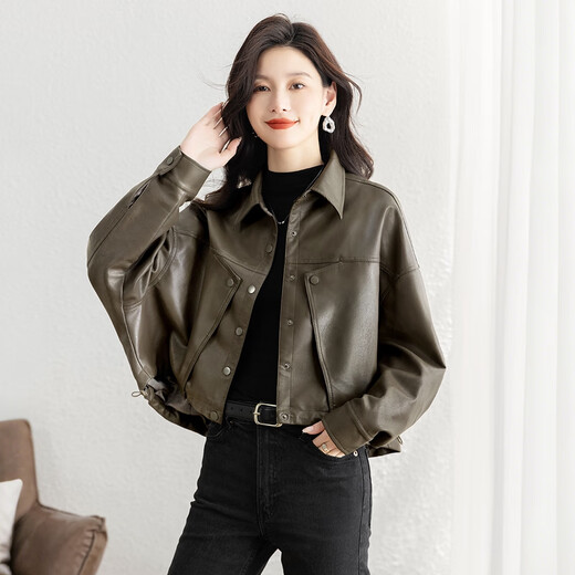 丝柏舍翻领长袖宽松外套女2025秋装新款复古气质短款简约皮衣