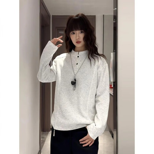 Huazhenmian (HUAZHENMIAN) velvet white floral gray Henry collar long-sleeved POLO shirt men's style handsome shoulder T-shirt American splicing sweatshirt white gray regular M