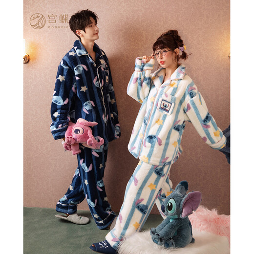 Gongdie Thermal Storage Disney Stitch Coral Velvet Couple Pajamas Women's Thickened Men's Cartoon Home Clothes