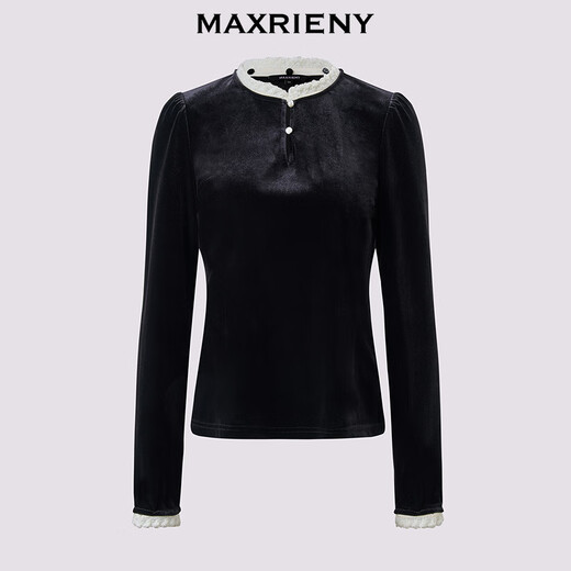 MAXRIENY Shopping mall same style French Hepburn style contrast collar waist shirt for women 25 winter style waist top black S