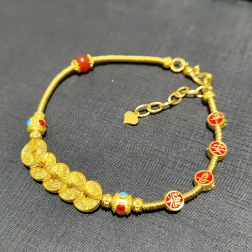 Fuwuzhong's design sense, ancient method, inheritance, gold color, peace and happiness, five emperors' money entwined bracelet, gift, peace and happiness