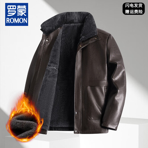 Luo Meng middle-aged and elderly men's leather jacket with velvet and thickened dad's clothing autumn and winter coat fur all-in-one velvet men's leather jacket jacket brown 4XL 195