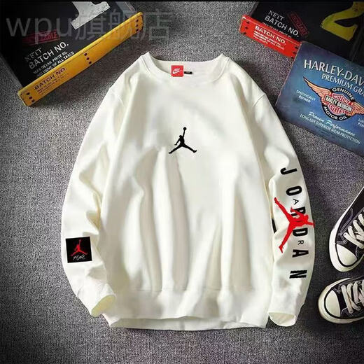 NBA VIBE resistant NIKE round neck sweatshirt for men and women, casual party AJ flying man long-sleeved hooded top trendy brand shirt white without velvet 2XL