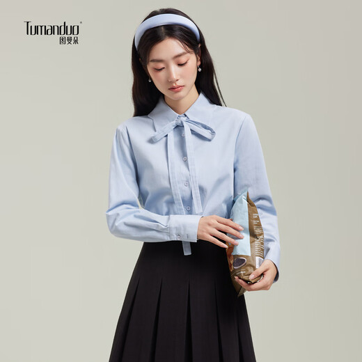 Tumando blue bow tie shirt women's autumn commuting high-end shirt long-sleeved interview workplace top blue M