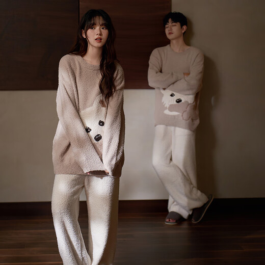 Mrs. Slee Sleep TIGHT Half Velvet Couple Pajamas Women's 2025 New Winter Thickened Velvet Warm Cute Contrast Color Men's Home Clothes BBRSZ911-Men's XL