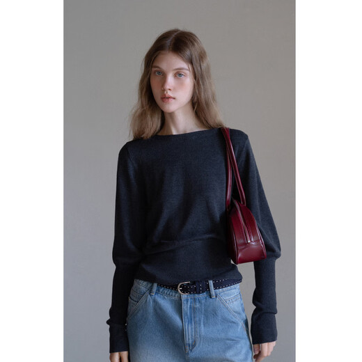 EGGKA French round neck waisted wool sweater for women in autumn and winter simple temperament commuting long-sleeved top E25A80201AF Gray S