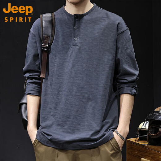 JEEP SPIRIT bamboo pure cotton autumn 2025 new long-sleeved T-shirt men's American retro heavyweight large size Henry collar with trendy dark gray XL