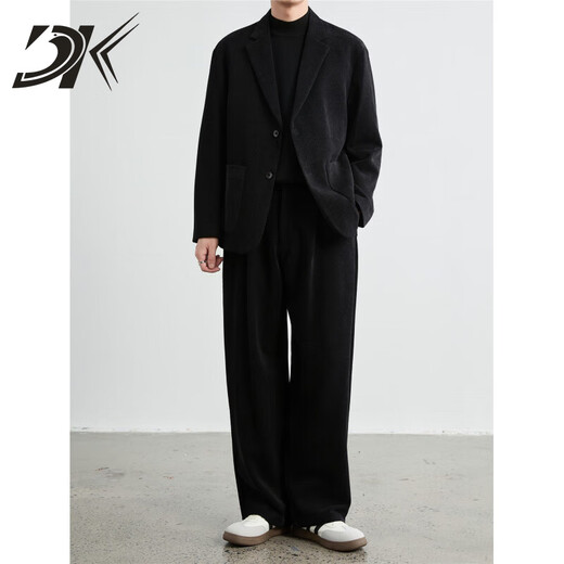 DK men's old money style woolen suit men's autumn and winter loose light mature handsome thick coat casual suit two-piece black suit + pants two-piece set 3XL 160-190Jin Jin equals 0.5 kg within