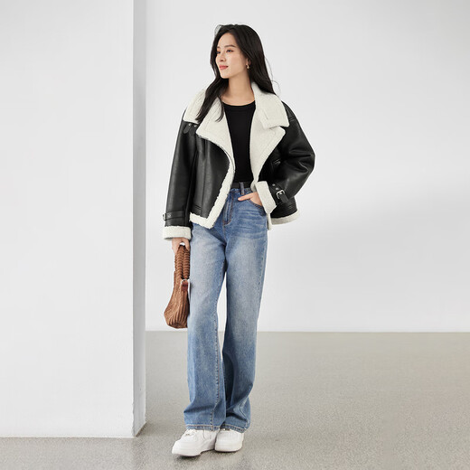Weißes Fell integrierter Motorradanzug Maillard Mantel für Frauen 2024 Winter neuer Nachahmung Lammfell kurzer Lederjacke Ruhig Schwarz S