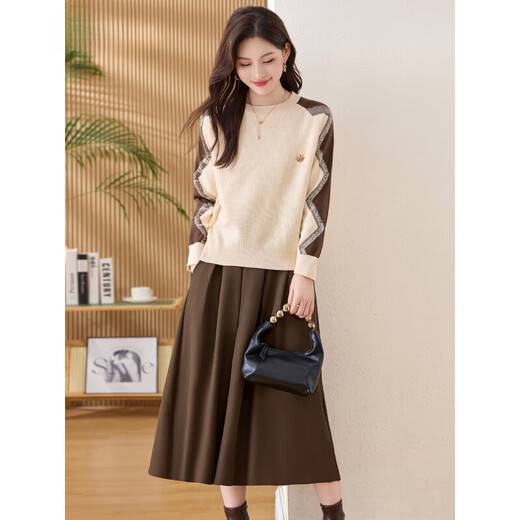 Ehangy international luxury high-end brand knitted dress women's 2025 autumn and winter new sweater versatile and stylish age-reducing skirt khaki (two-piece set) M