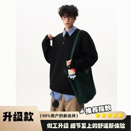 SWAMP AREA American retro Henry collar button sweater for men in winter loose lazy bottoming pullover sweater black upgraded model M
