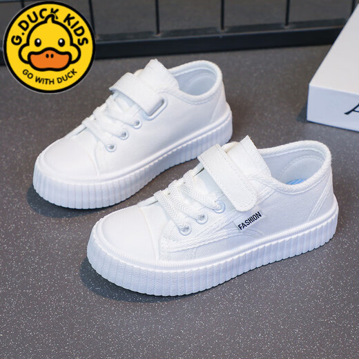 G.duck children's white shoes, primary school students' white performance sneakers 24 new spring and summer soft-soled breathable canvas shoes for boys and girls 913 Velcro white foot length +0.5cm 37 22.0cm