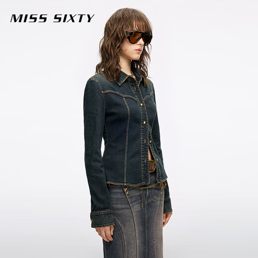 MISS SIXTY2025 winter new long-sleeved denim shirt for women retro washed lapel single-breasted retro blue M