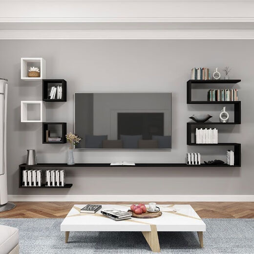 Qiao Bo Lai simple living room suspended wall-mounted TV cabinet decorative rack wall storage rack square cabinet wooden frame multi-layer total length 160cm black and white