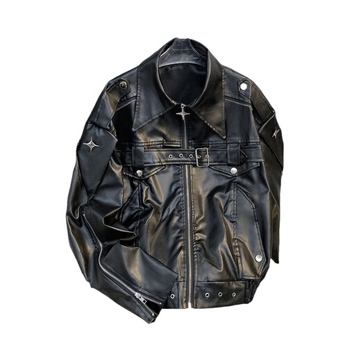 Will not American retro PU leather jacket men's spring and autumn trendy brand hiphop loose casual hip-hop zipper lapel jacket black M