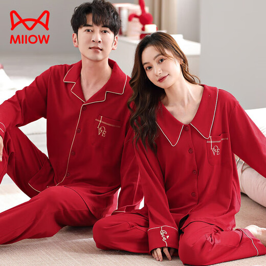 Cat Couple Pajamas Women's Pure Cotton Zodiac Year Red Festive Autumn and Winter Wedding Suits Men's Home Clothes Daily Good Dreams Pure Cotton Comfortable Happy Red 3XL Men's Recommended 180-200 Jin Jin equals 0.5 kg