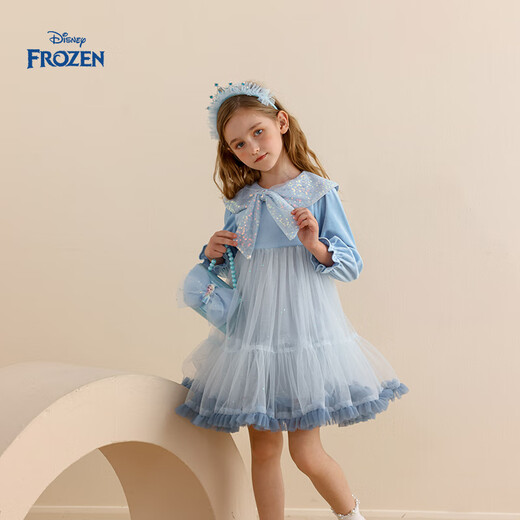 Disney (Disney) Frozen Girls Dress 2026 Spring Sweet Sequins Medium-sized Girl Long-Sleeved Cartoon Princess Dress Blue Dress One Size 140cm