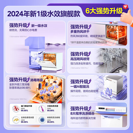 Hualing Vie6Pro dishwasher, 10 sets of built-in desktop dual-purpose stove, hot air drying, mother and baby Samsung disinfection, first-class water efficiency, AI intelligent washing, washing, disinfection, drying and storage in one, 20% national subsidy, produced by Midea