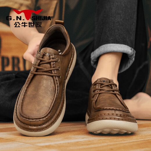 Bull family men's shoes autumn and winter new comfortable soft-soled men's casual shoes retro low-cut lace-up sneakers outdoor sports leather shoes