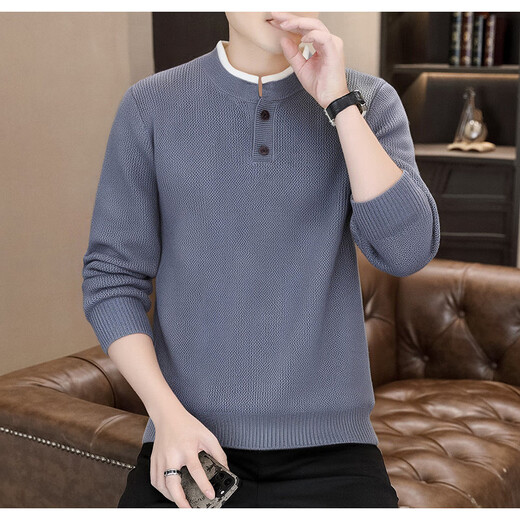 Pierre Cardin Henry Collar Sweater Men's Retro Casual Fake Two-piece Knitted Sweater Men's Mature and Stable Men's Warm Bottoming Shirt Men's Light Gray M