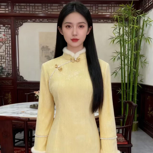 Cloth-like improved cheongsam autumn and winter French retro yellow temperament elegant daily wear new Chinese women's clothing goose yellow M