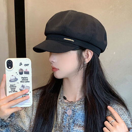 Pu Lian beret women's spring and summer octagonal hat versatile 24 new style big head circumference showing face small Korean printmaker cap peaked cap beret black one size