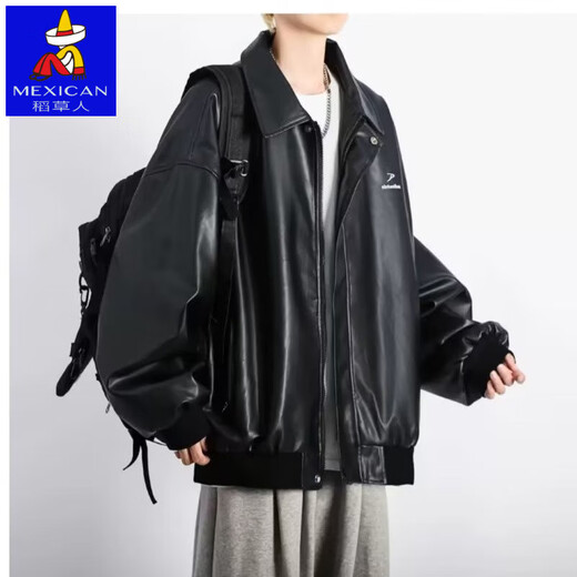 High quality black pu leather jacket men's autumn and winter velvet American style motorcycle jacket black velvet 2XL