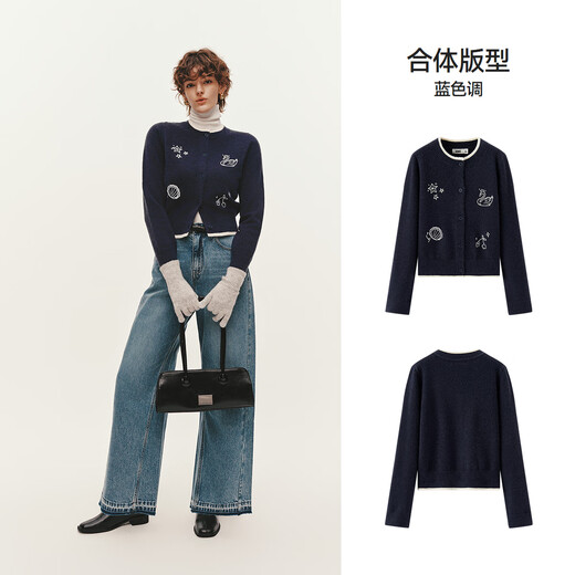 Semir Chen Turin Knitted Cardigan Women's Small Loose Short Round Neck Sweater 2025 Winter New Pattern Embroidered Right Shoulder Sweater Blue Tone 00388 L