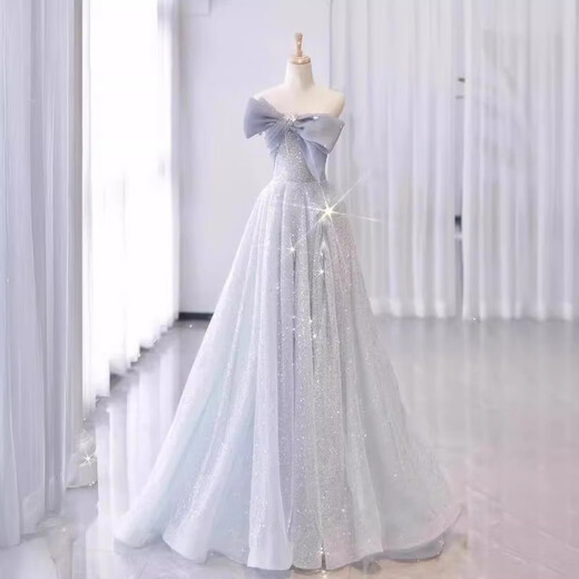 One-shoulder evening dress for women, banquet style, light luxury, niche high-end host, adult ceremony, tutu skirt dress, light blue S