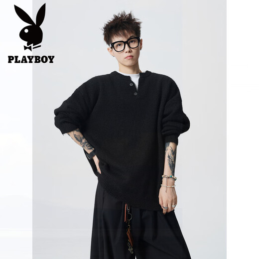 Playboy (PLAYBOY) American Heavy Henley Collar Bottoming Knitted Sweater Men's Autumn Handsome Loose Lazy Style Pullover Sweater Black L