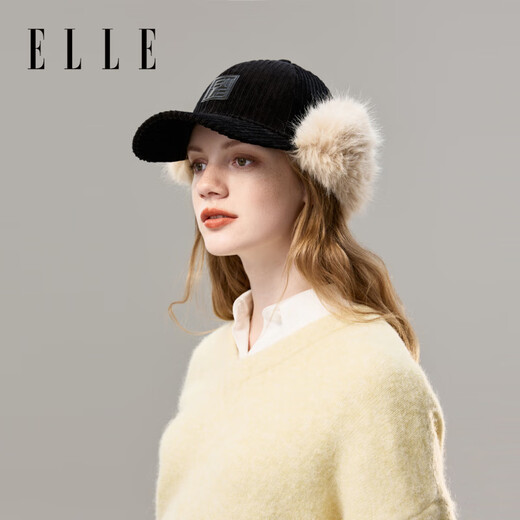 ELLE corduroy plus velvet thickened ear protection baseball cap for women autumn and winter warm peaked cap fashionable and versatile classic black adjustable (56-58cm)