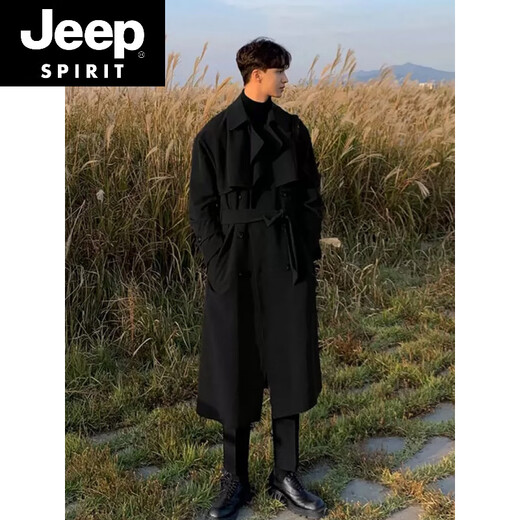 JEEP SPIRIT Korean style windbreaker men's mid-length trendy loose over-the-knee British double-breasted coat autumn and winter thickened casual coat khaki gray plus cotton S 100-120Jin Jin is equal to 0.5 kg