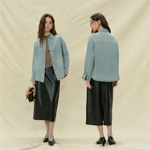 Giordano Designer Women's Retro Style Hot Diamond Pocket Loose Lapel Long Sleeve Denim Shirt 18345830 61 Retro Light Blue L