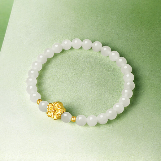 Saturday Blessing 3D Hard Gold Pure Gold White Jade Peach Blossom String White Jade and Tian Jade Bracelet for Women Y1911688 17cm New Year Gift