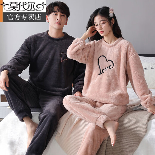 Modal couple pajamas autumn and winter thickened coral velvet men's and women's flannel warm and cute cartoon large size home clothes set QH8211 hooded fleece L male + female M