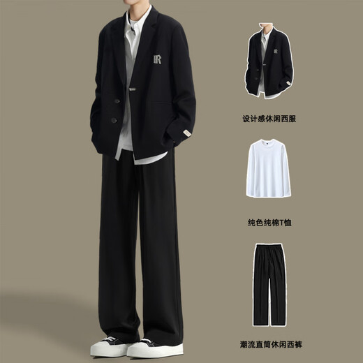 XUANSENTU handsome suit jacket men's spring and autumn Korean style loose men's suit with handsome casual suit trendy black 2-piece suit jacket + pants L