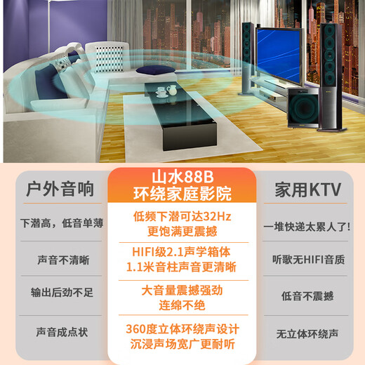SANSUI 88B family living room TV surround floor-standing movie theater combination K singing karaoke large sound classical wooden heavy subwoofer set active speaker