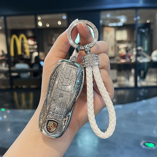 Yibin geeignet für Porsche Key Set New Cayenne 911macan Maca Paramela 718 Schnalle High-End-Schalenbeutel [Leichtes Luxus weiß] + Diamant geflochten