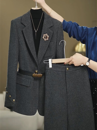 Woodpecker (TUCANO) High-End Internet Celebrity Woolen Suit Women's 2026 Winter Style Commuting Slim Jacket + Wide Leg Pants Dark Gray Suit Genuine Quality 2XL 120Jin Jin equals 0.5kg -130Jin Jin equals 0.5kg