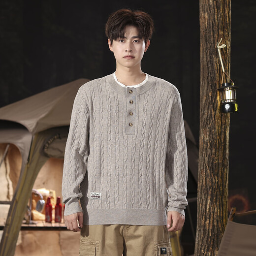 JEEP Men's Henry Collar Sweater Retro Twist Textured Comfortable Outdoor Style Fashionable Versatile Knitted Sweater Men's Top Floral Camel M