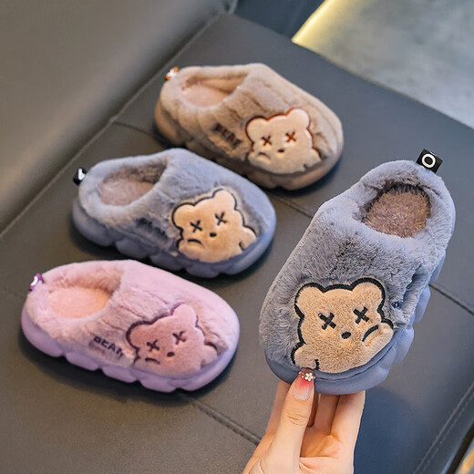 Children's cotton slippers for boys winter cartoon cute non-slip indoor home soft bottom parent-child baby slippers upgraded version of environmentally friendly material khaki slippers 12 24/25 size (shoe length 15CM suitable for feet 14