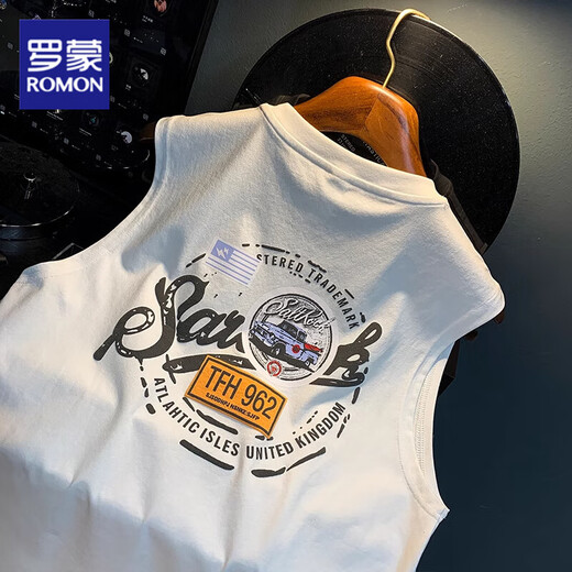 ROMON Loose American Vest Men's 2025 Summer Trendy Printed Sleeveless T-shirt Waistcoat Casual Sports T-shirt Men Black HJ9906-1 5XL