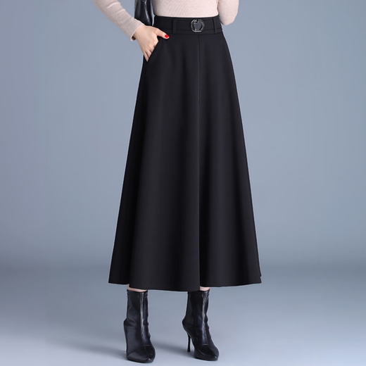 Woolen skirt for women with drapey black winter 2025 new style high-waist skirt that covers the crotch and looks slimming, long skirt with pleated skirt, black M 2 feet/recommended 90-100 Jin Jin is equal to 0.5 kg