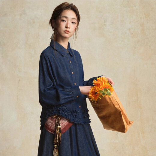 Giordano designer women's autumn and winter new ruffled loose lapel long-sleeved denim shirt 18345222