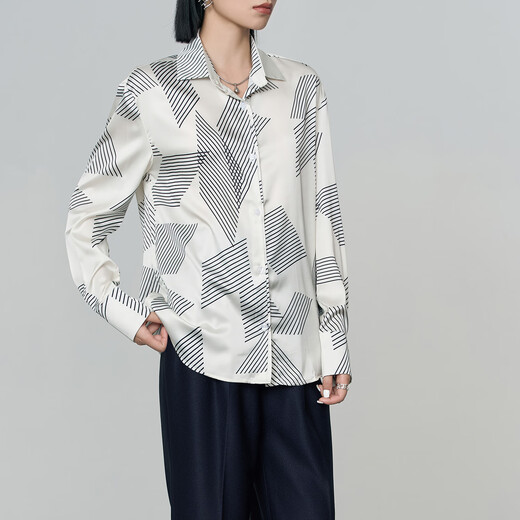 Yanyu Geometric Printed Shirt Women's 2025 Autumn and Winter New Fashion Simple Loose Retro Women's Long Sleeve Shirt Black Check S